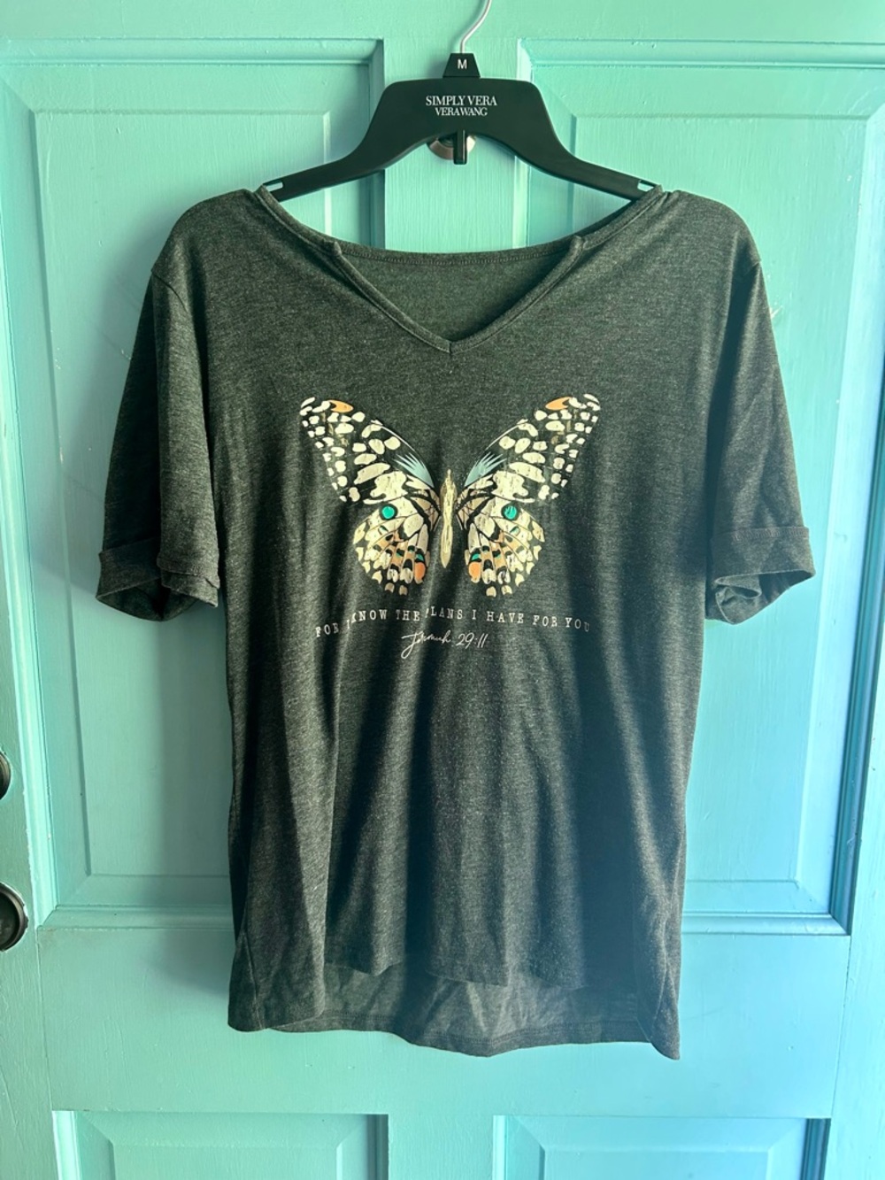 Jeremiah 29:11 Charcoal Soft Tee with Multicolor Butterfly